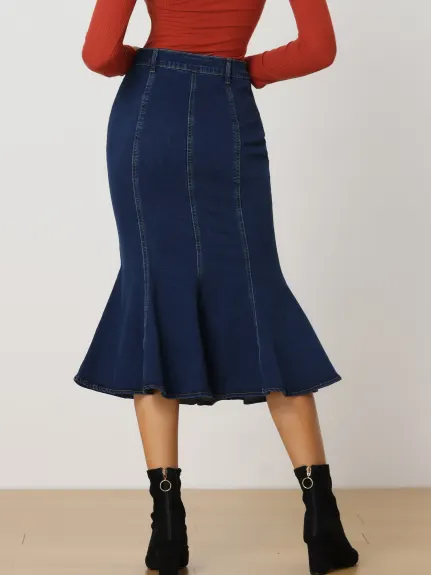 Allegra K- Washed Denim Fishtail Midi Skirt