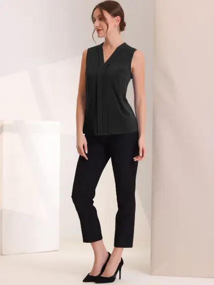 Allegra K - Pleated Front V Neck Sleeveless Work Blouse