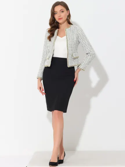 Allegra K- Plaid Tweed Open Front Short Blazer