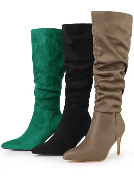 Allegra K - Slouch Pointed Toe Stiletto Heel Knee High Boots