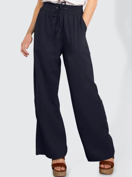 Annick - Danny Pantalon Lin Coupe Droite Taille Elastique Bleu Marine