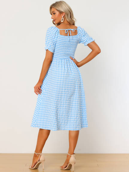 Allegra K- Midi Smocked Front Tie Back Checks Gingham Dress