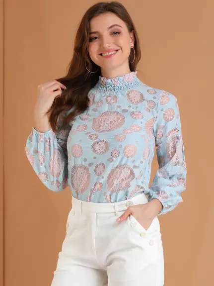 Allegra K- Ruffle Mock Neck Floral Lace Sheer Blouse