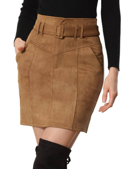 Allegra K - Faux Suede High Waist Belted Skirt