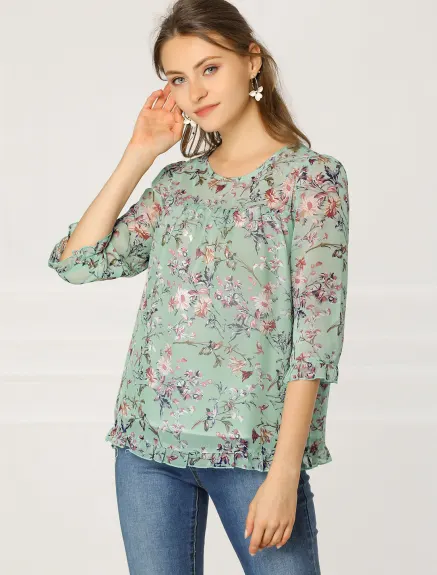 Allegra K- Floral Ruffled 3/4 Sleeve Chiffon Blouse