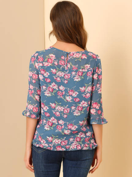 Allegra K- Floral Ruffled 3/4 Sleeve Chiffon Blouse