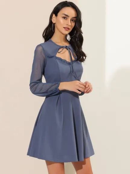 Allegra K- Tie Neck Mini-robe à manches longues en maille à volants