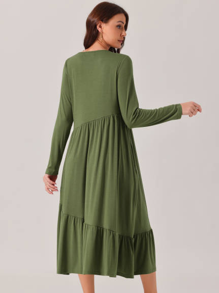 Allegra K - Long Sleeve Pleated Tiered Swing Dress