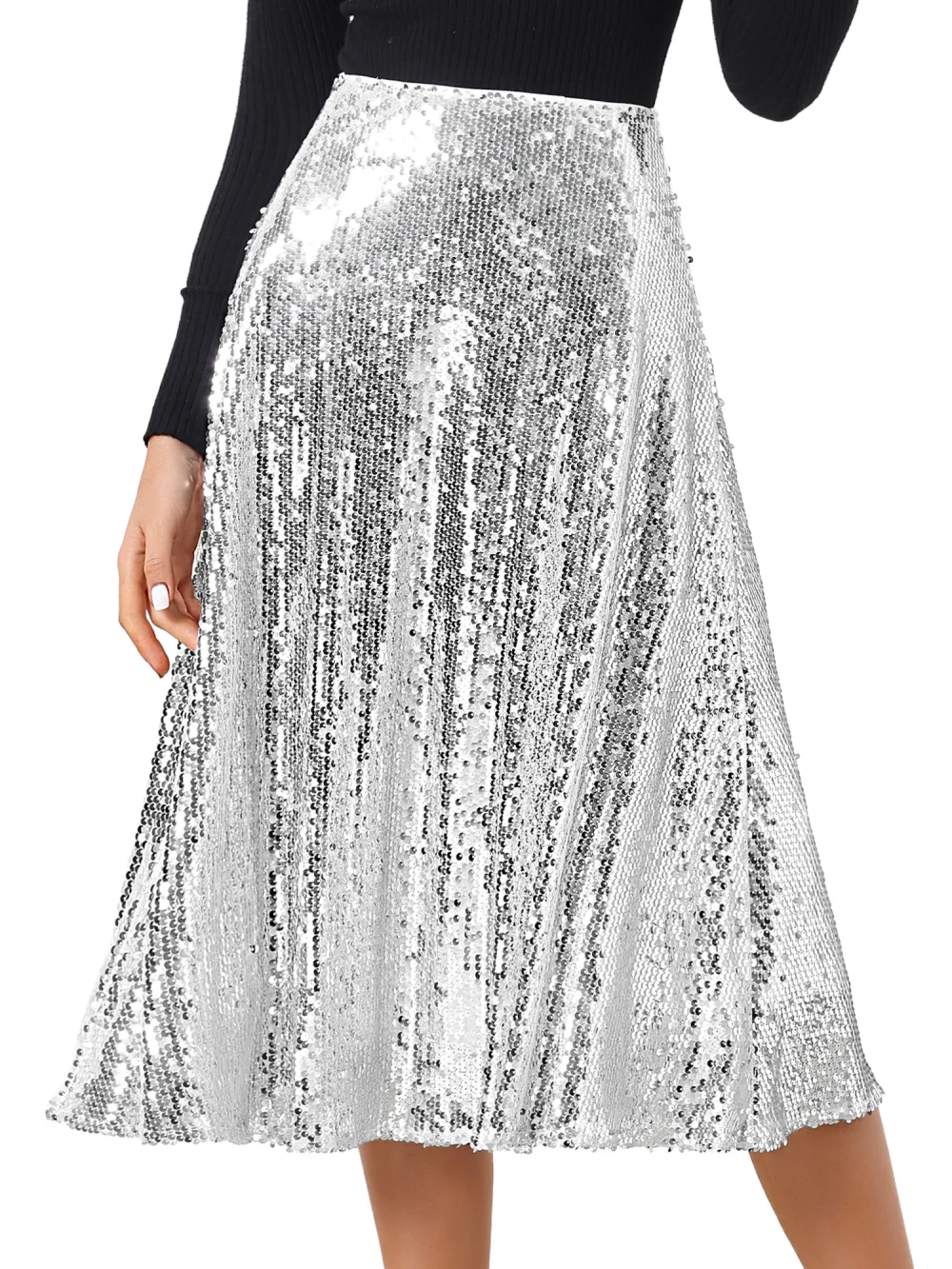 Allegra K- Sparkly Glitter Flare Midi Skirt