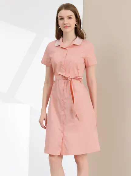 Allegra K- Button Down Belted Denim Shirt Dress