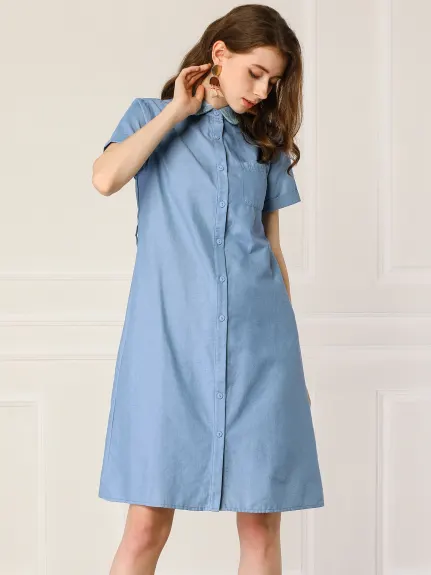 Allegra K- Button Down Belted Denim Shirt Dress