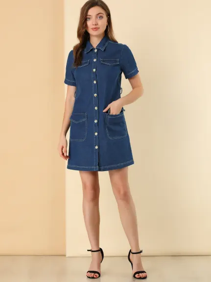 Allegra K- Belted Jean Denim ShirtDress