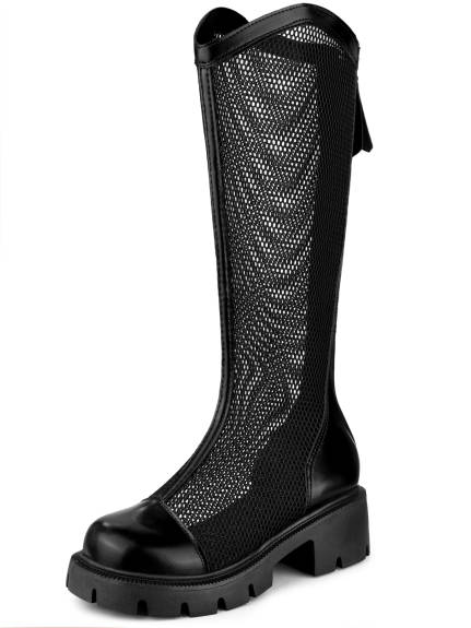 Allegra K - Platform Round Toe Chunky Low Heel Lug Sole Mesh Knee High Boots