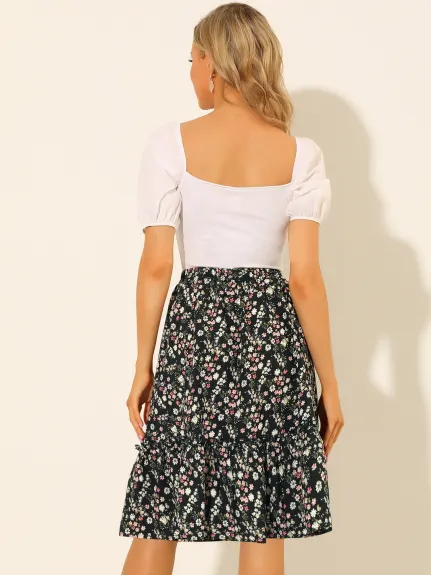 Allegra K- Ruffle Hem Tiered A-Line Floral Midi Skirt