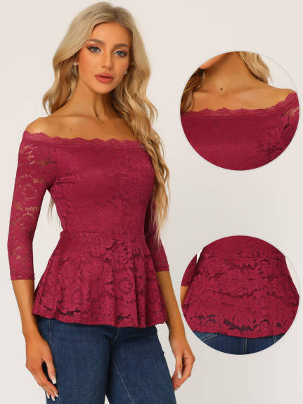 Allegra K- Floral Lace Off the Shoulder 3/4 Sleeve Peplum Top