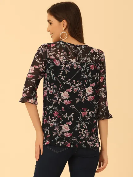 Allegra K- Floral Ruffled 3/4 Sleeve Blouse