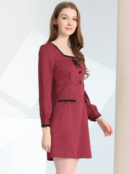 Allegra K- Contrast Trim Long Sleeve Plaid Dress