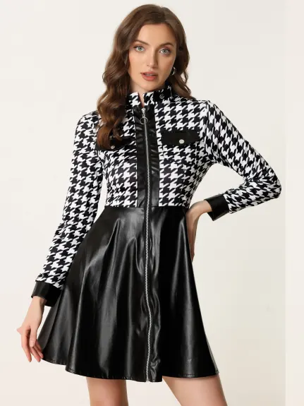 Allegra K - PU Houndstooth Patchwork Zipper Up Dress