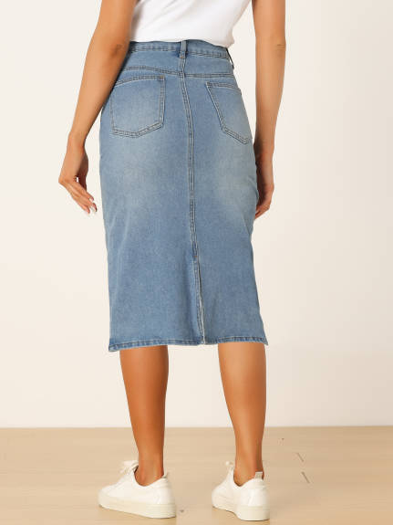 Allegra K- High Waist Split Back Denim Midi Skirt