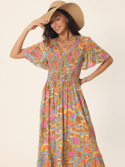 Allegra K - Summer Floral Smocked Flowy Maxi Dress