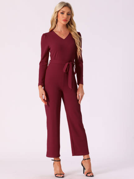 Allegra K - V Neck Long Sleeve Tie Waist Jumpsuit