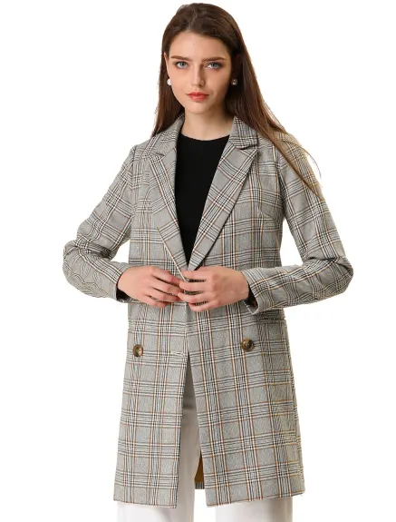 Allegra K- Notched Lapel Double Breasted Plaid Blazer