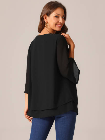 Allegra K - Casual Round Neck 3/4 Sleeve Chiffon Blouse