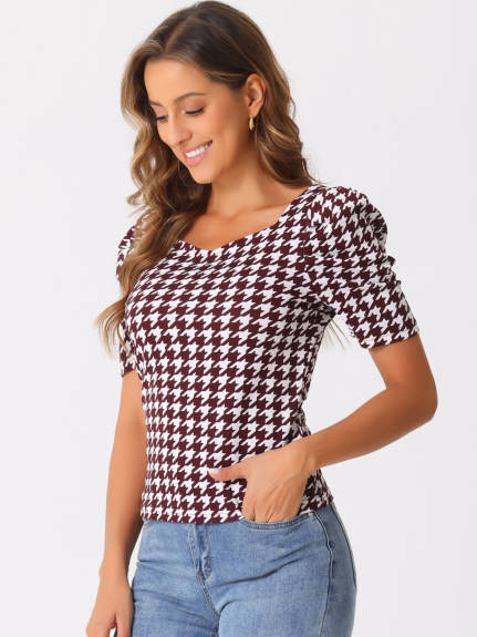 INSPIRE CHIC - Short Sleeve Houndstooth Work Blouse