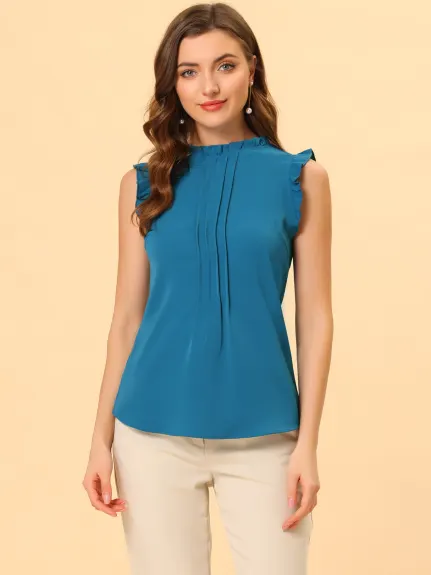 Allegra K- Ruffled Mandarin Collar Sleeveless Pleated Blouse