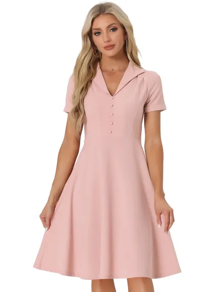 Allegra K- Vintage Flat Collar Short Sleeve Fit and Flare Dress