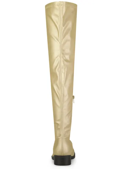 Allegra K- Low Block Heel Solid Thigh High Boots