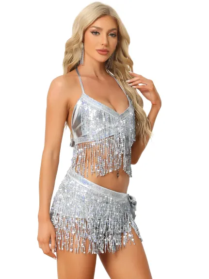 Allegra K - Tassel Crop Top Dance Mini Skirt Set