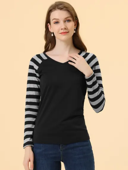 Allegra K- Stripe Raglan Long Sleeve V Neck T-Shirt