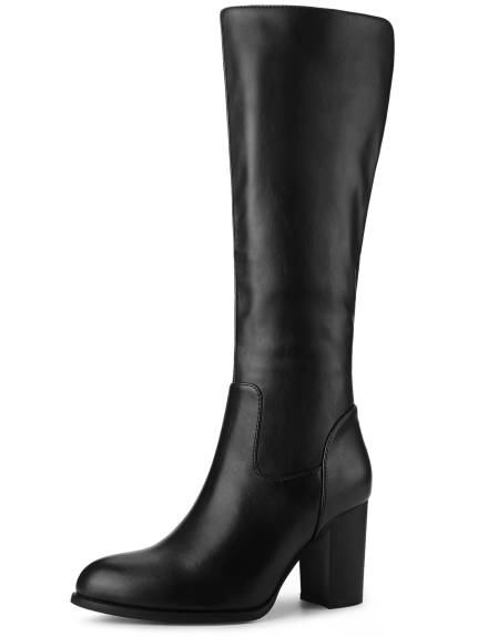 Allegra K- Round Toe Block Heel Faux Leather Knee Boots