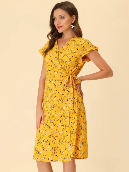 Allegra K- Floral Ruffle Sleeve Belted Midi Dress