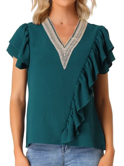 Allegra K - Ruffle Short Sleeve V Neck Blouse