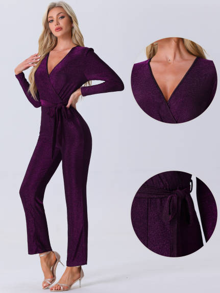 Allegra K - V-Neck Long Sleeve Belted Jumpsuit