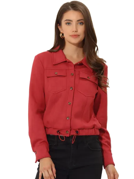 Allegra K- Faux Suede Button Down Cropped Moto Jacket