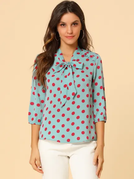 Allegra K- Polka Dots Ruffle Shoulder Bow Tie Neck Blouse