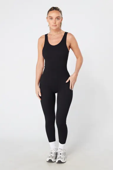 Twill Active Ribbed Unitard - BLACK