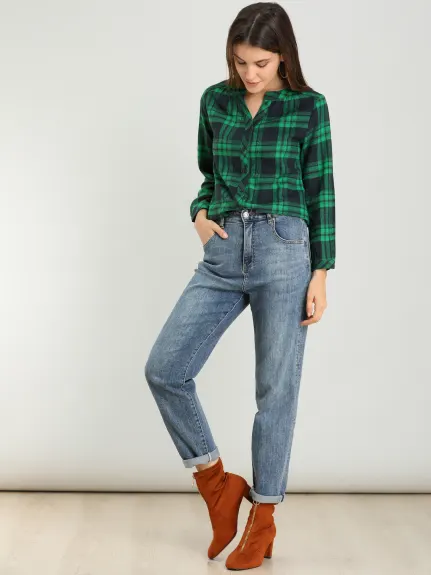 Allegra K- Plaid V Neck Long Sleeve Blouse Shirt