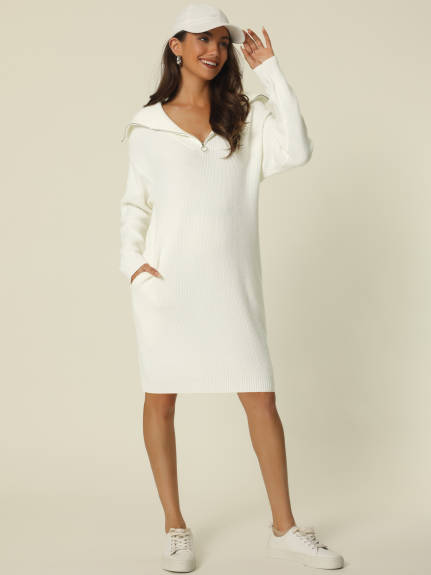 Allegra K- Zipper V Neck Slim Fit Midi Sweater Dress