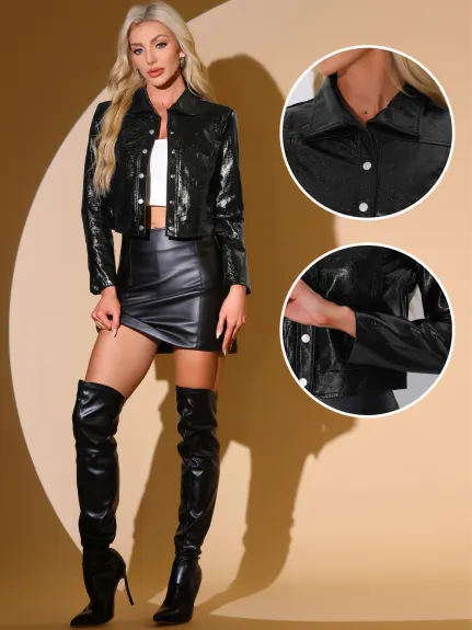 Allegra K - Faux Leather Cropped PU Jacket