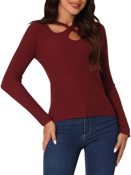 Allegra K- Ribbed Knitted Cut Out Pullover Sweater Top