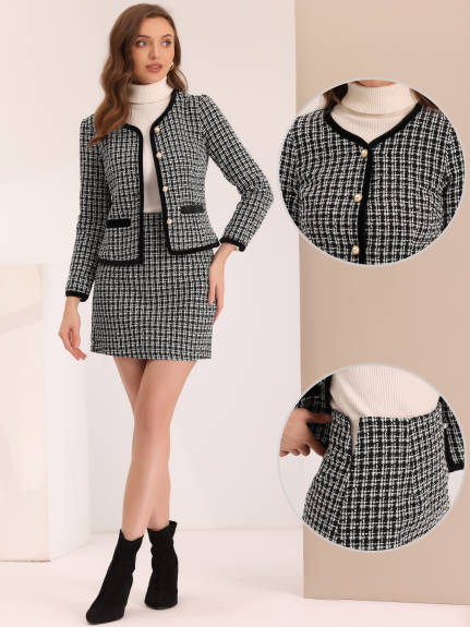 Allegra K - Plaid Tweed Short Blazer Skirt Sets