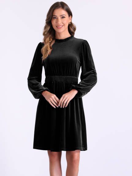 Allegra K - Velvet Smocked Waistline Long Sleeve Dress