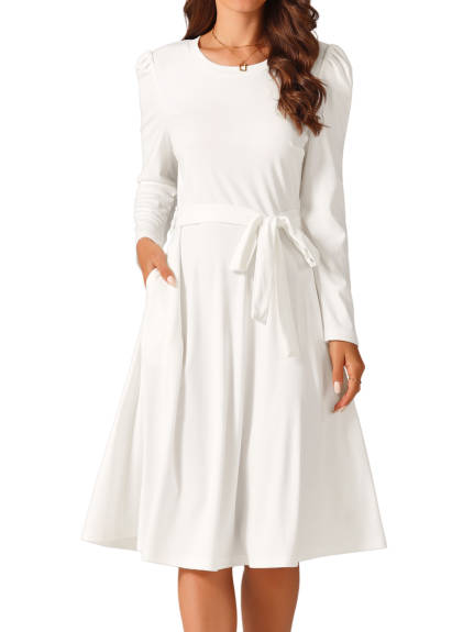 Allegra K - Puff Long Sleeve Tie Waist Casual Dress