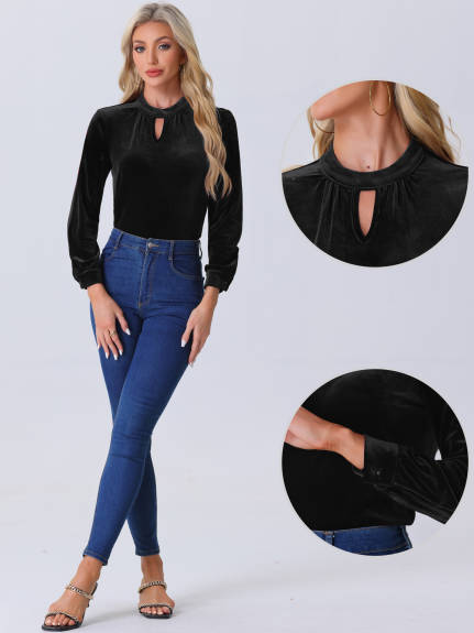 Allegra K - Stand Collar Long Sleeve Velvet Top