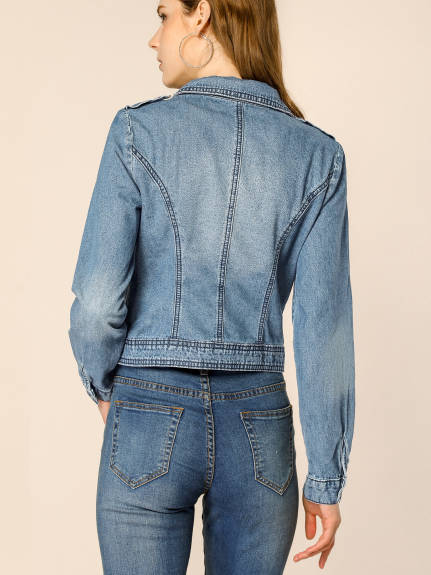 Allegra K- Notched Lapel Asymmetric Zip Moto Denim Jacket