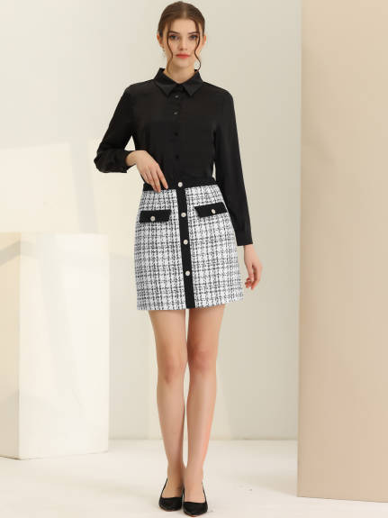 Allegra K- Plaid Tweed Button Decor Mini Skirt